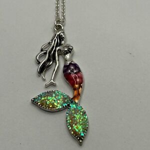 Mermaid Pendant Pink Green Enamel Glitter Spring Whimsical Nautical Ocean 17"